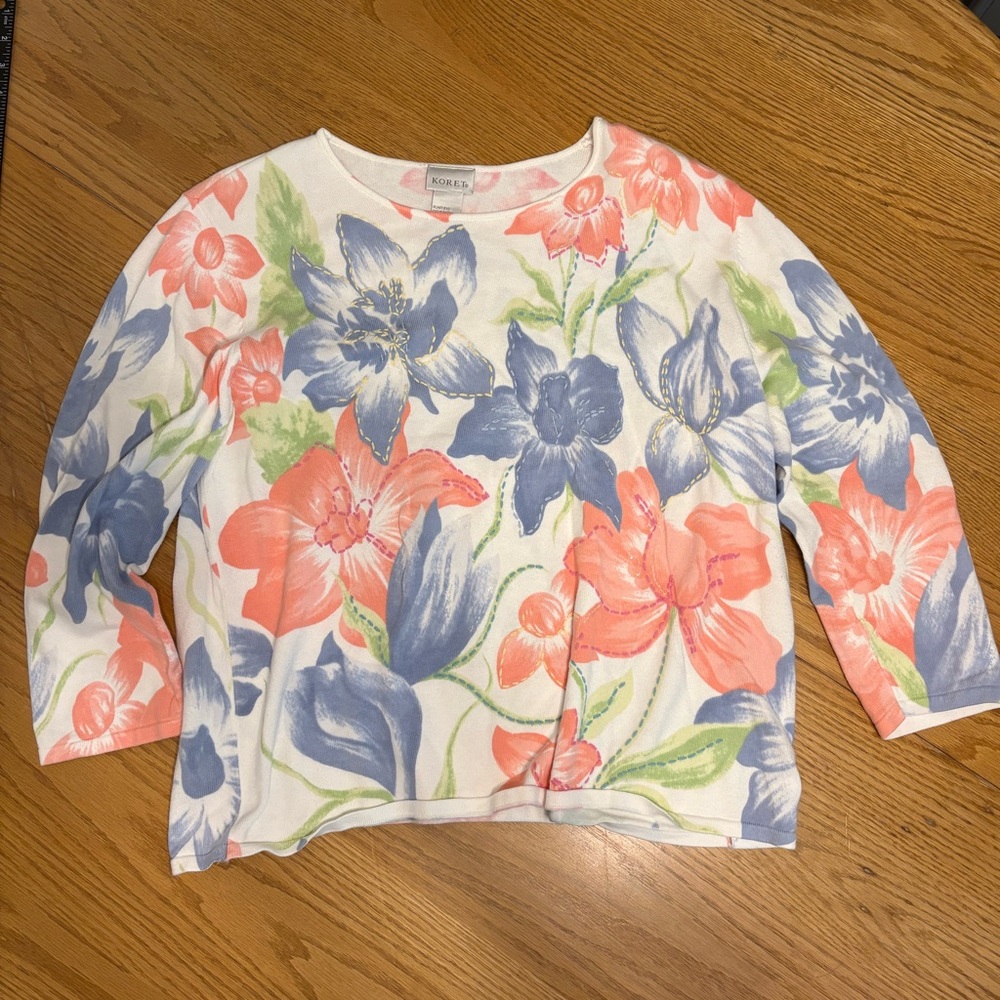 Koret Pink and White Floral Knit Sweater Top Padded Shoulders Long Sleeve